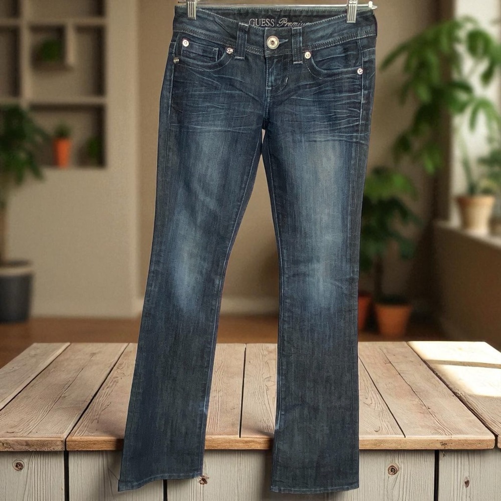 GUESS Women's Dark Blue Straight daredevil bootcut Jeans